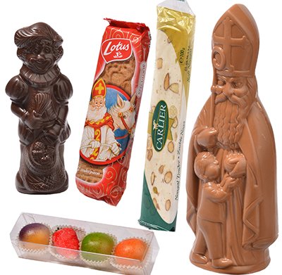 Marsepein en nougat in sintpakket met Belgische chocolade en Speculaas
